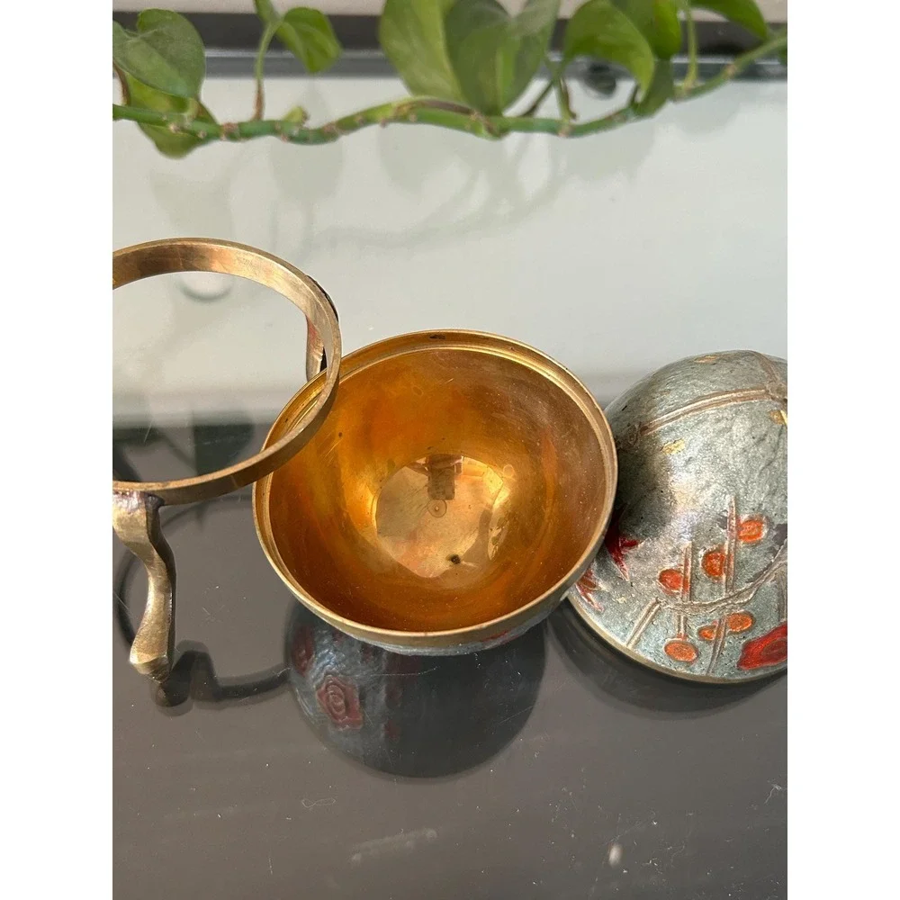 Floral Cloisonne Egg Trinket Box‎ with Brass Stand